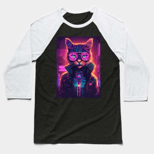 Futuristic Cyberpunk Neon Cat Wearing Glasses Baseball T-Shirt